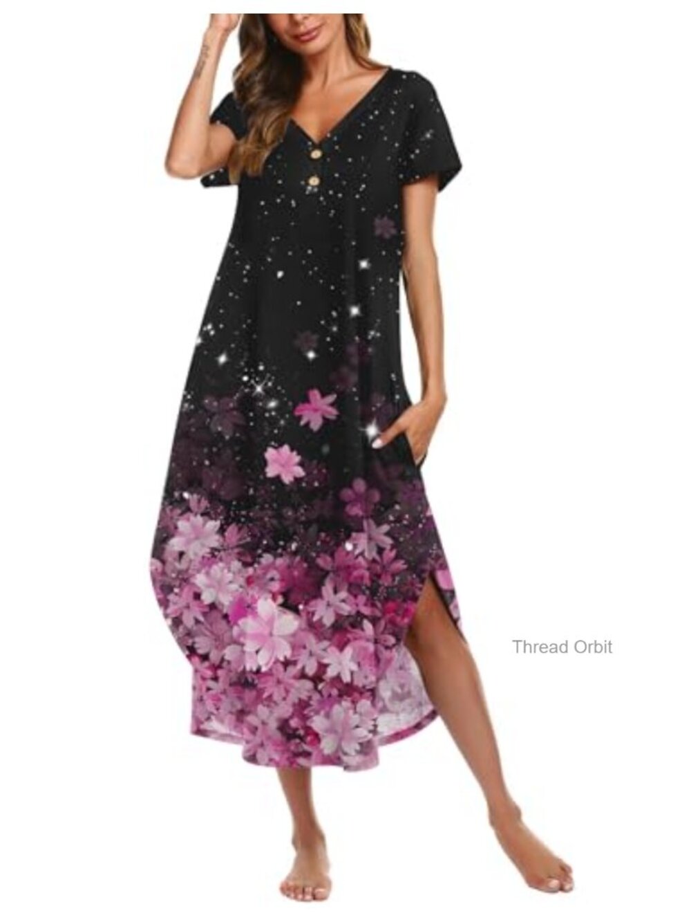 Polyester Blend V-Neck Nightgown with Pockets Short Sleeve